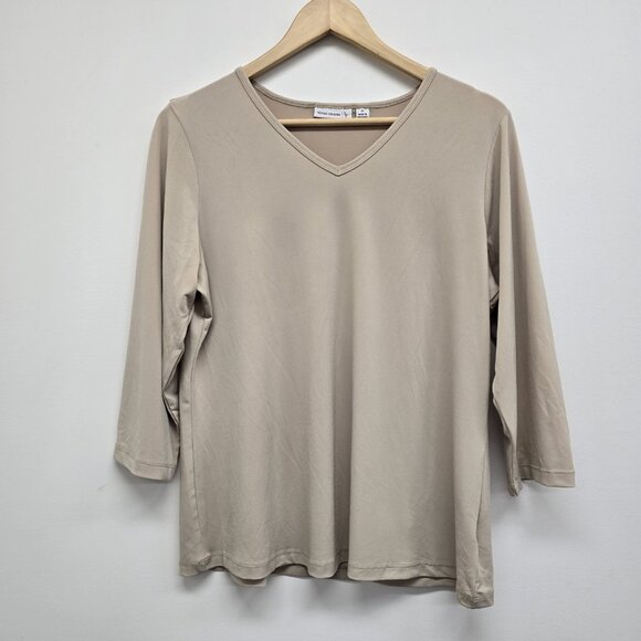 Susan Graver Liquid Knit 3/4 Sleeve V-Neck Blouse Top Size M Stretch Tan Beige - Picture 1 of 6